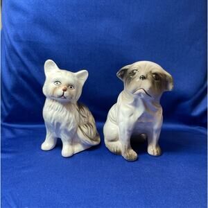 Vintage Pair Cat and Dog Brown and White Porcelain Figurines